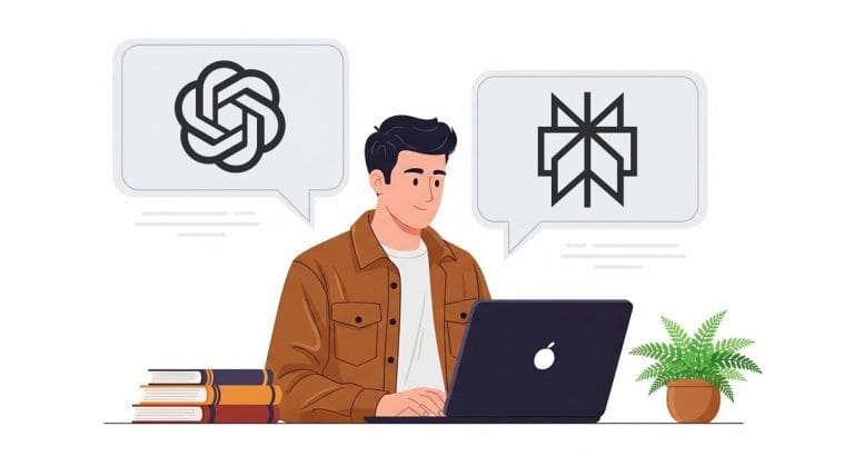 노트북 앞에 앉아 작업 중인 남성과 양 옆에는 chatGPT와 perplexity의 로고가 있는 일러스트 이미지