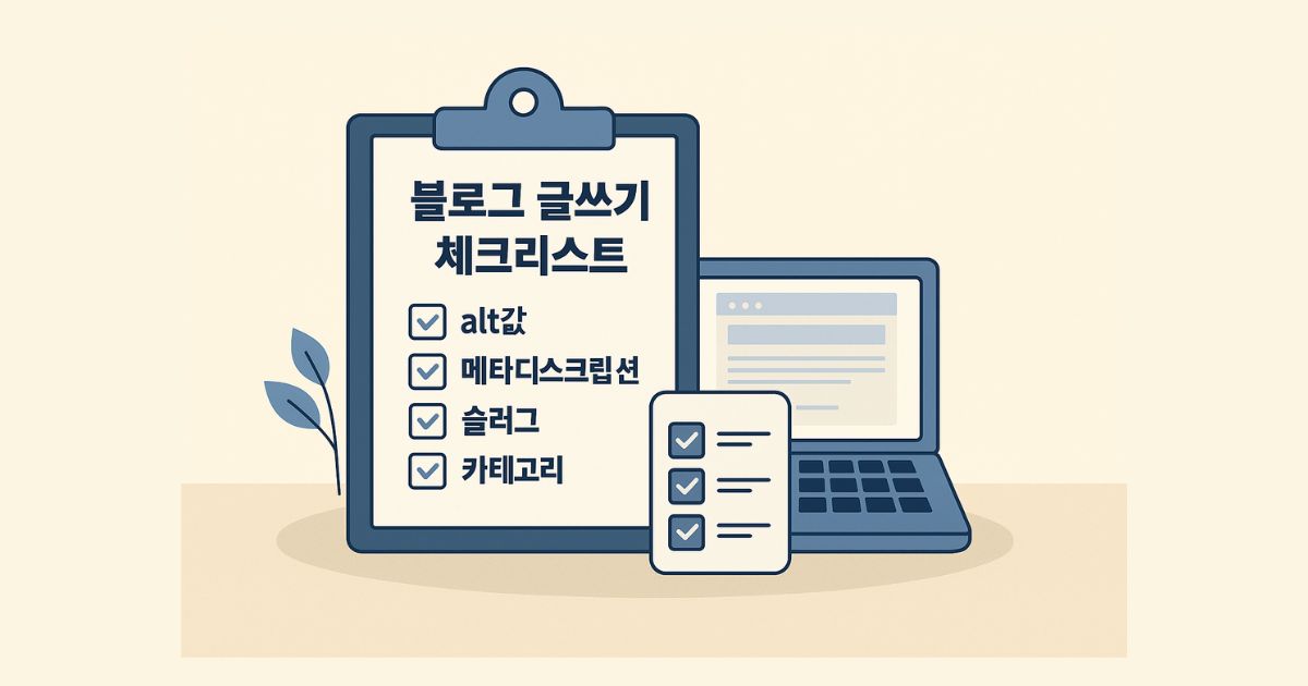 블로그 글 발행 전 꼭 입력해야 할 항목 체크리스트를 강조하는 인포그래픽 이미지