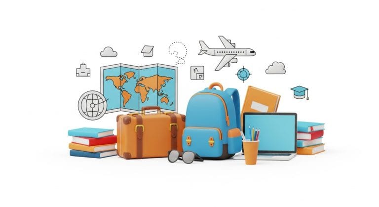어학연수를 상징하는 세계지도와 여행 가방, 백팩, 노트북, 책들이 함께 배치된 일러스트 이미지