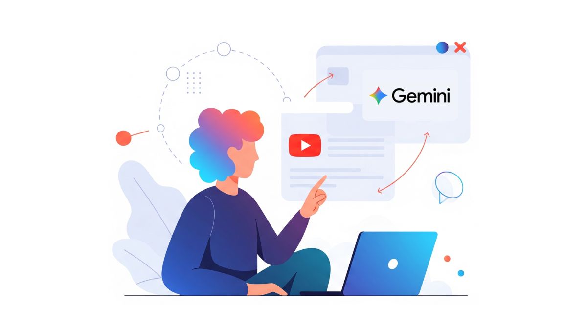 사람이 유튜브와 Gemini를 활용하고 있는 일러스트레이션